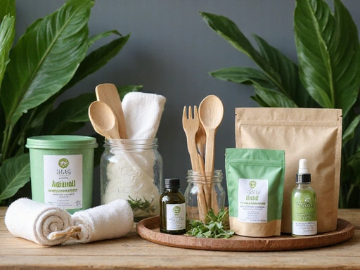 Sustainable eco-friendly products arranged beautifully showing organic materials and green packaging